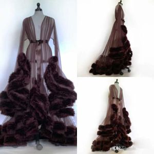 Dresses 2020 New Wedding Night Gowns Sexy See Through Long Sleeve Fur Ribbon Sash Robes Night Wear For Women Custom Made Women Pajamas Sle