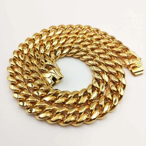 Hip hop 14mm Stainless Steel Curb Cuban Mens Chain Necklace Boys Miami Chain Dragon Clasp Lock Men Women 18k Gold Plated Jewelry 240418