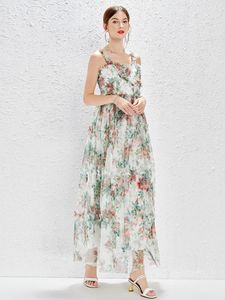 Casual Dresses Women Floral Print Mesh Party Dress Summer 2024 Designer Runway Spaghetti Strap Ruffles Slash Neck Tulle Maxi N3069