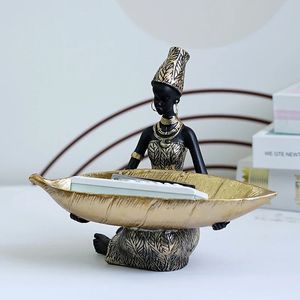 Смола экзотическая черная женщина фигурки хранения Африка фигура дома настольные настольные клавиши клавиш конфеты контейнер внутренний ремесленный