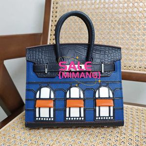 A Birknns Luxury Bag 2024 New Palm Pattern with Top Layer Crocodile Cowhide Colored Small House Handheld Women's