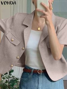 Wonda Women Elegant Blazer костюм с коротким рукавом ошейник Офис Туника Топы летние сплошные кнопки повседневные слои Femme 240417