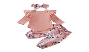 Nyfödda baby romper set spädbarn flickor solid stickad spets långärmad romper barn casual kläd set bowtie små blommor byxor med 7637475