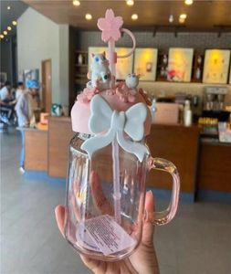 600 ml Pink Sakura Cute Cat Straw Cubs Glass Cold Drink Cup Product39990150