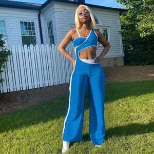 Damen-Jumpsuits Instagram-Stil engen blauen Hoch-T-Taisten-Riemen-Overall im Stil