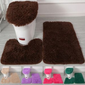 Mats 3pcs/set Solid Color Plush Bathroom Mat Set Fluffy Hairs Bath Carpets Modern Home Toilet Lid Cover Rugs Kit Rectangle Floor Mats
