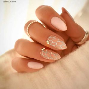 False Nails 24st Glitter Crystal Decor False Nails Almond Naken Color Press On Nail Tips For Girls Women Full Cover Manicure Nail Patches Y240419 Y240419