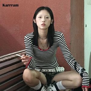 Karrram Japanese Y2k Knitted Tops Vintage Harajuku Striped T-shirt Grunge Aesthetics Long Sleeve Ribbed Tops American Retro 00s 240409