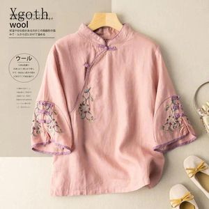 Women's Blouses Xgoth Chic Women Shirts Cotton Linen Embroidered Stand Collar Button Up Ethnic Style Spring/summer Vintage Shirt Tops