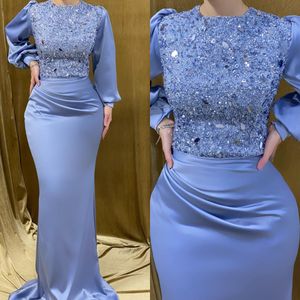 Elegant Muslim Evening Dresses jewel neck long sleeves mermaid Turkish Kaftan Dress sequins bodice special occasion Formal dresses for women