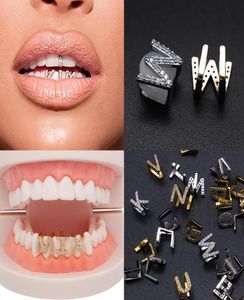 Gold White Gold Iced Out AZ Custom Letter Grillz Full Diamond Teeth DIY Fang Grills Bottom Tooth Cap Hip Hop Dental Mouth Teeth4515491