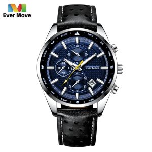 Klockor Flytta någonsin toppklockor för män Fashion Sport Chronograph Quartz Wrist Watches Man Retro Leather Strap Waterproof Clock