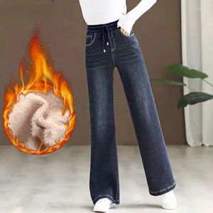 Kvinnors jeans kvinnor vinter plus sammet vintage brett ben förtjockar baggy vaqueros pantalones hög midja överdimensionerad 34 varma plysch denim byxor