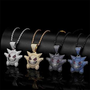 Hip Hop Micro Set Zirkon niedlich PET Elf Geng Ghost Anhänger mit echtem gold elektropliertem HipHop -Herren Halskette