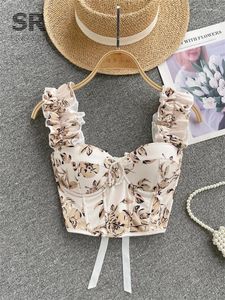 Tanques femininos sirreiny sem costas impressão floral camisole renda up cross strap francês moda 2024 elegante senhoras casuais tanques de verão