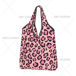 ショッピングバッグピンクヒョウ買い物客のバッグ女性用リサイクル可能な食料品エコージッパーファッションハンドバッグ屋外