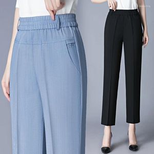 Calça feminina 2024 Primavera coreana elástica de moda alta perna larga perna larga bolsos sólidos de retalhos