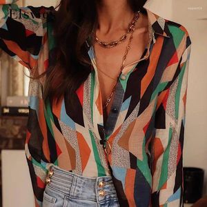 Women's Blouses Elegant Lapel Top Office Fashion Spring Pattern Printed Slim-Fit Shirt 2024 Long Sleeve Button-Up Commuter Casual