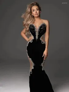 Runway Dresses 2024 In Dress Black Bandage Sexy Mesh Crystal Strapless Backless Mirror Celebrity Prom Gown Elegant Evening Party Stage Wear