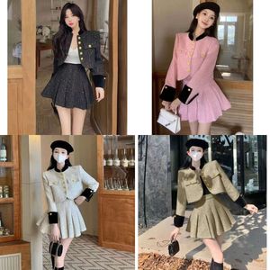 Piece Two Dre New Autumn and Winter Retro Singro Single-Breat Plaid Tweed Coat + High Wait Short Two-Piece Set Women 'Woolen kjol-Piece