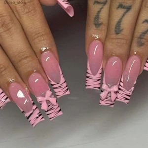 False Nails 24Pcs Long Coffin False Nails Simple Pink Butterfly with Rhinestones French Design Wearable Fake Nails Press on Nails Tips Art Y240419QCNEQCNE