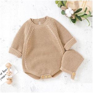 Rompers Winter Warm Baby Girls Boys Clothes Knit Romper Sweater Toddler Long Sleeve Solid Knitwear Jumpsuit With Hat For Kid Fall Ou Dhv1Y