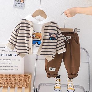 Kläder sätter barn Baby Boy Boutique kläder 2024 Spring Cartoon Striped Cardigan Coats t-shirts Pants Toddler Boys Outfits Childrens
