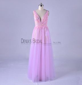 2018 Fairy Pink Aline Evening Dresses With Deep Vneck Illusion Pearls Sequins Pärlade anpassade Made Real Images Sexig Party Formal P4400164