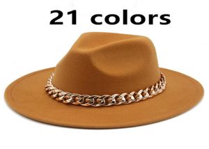 Chapéus femininos larga borda com grossa banda de corrente de ouro com cinto clássico bege felto chapéu preto cowboy jazz caps de luxo fedora women bucket6370520