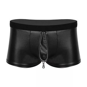 Calças curtas de couro de virilha aberta Sexy para zíper sexual grotchless soft patente de couro fetiche boxer erótico calça pornô sexi 240419