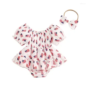 Rompers Summer Independence Day Infant Baby Girl Outfit Flag Print Short Sleeve Bodysuit Dress Cute Headband Clothes Outfits