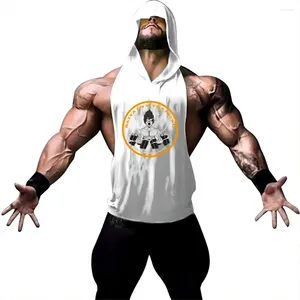 Men's Tank Tops Summer Hooded Sports Fitness Basketball Training Vest Large Slit Sleeveless T-shirt Hoodie Printed Dumbbell