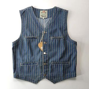 Giubbotti da uomo American Casual Retro Denim Blue Blu Blue Lavated Cotton Vertical Striped Buckle Gentleman Camisole Vintage Vintage