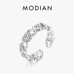 Cluster Rings Modian 925 Серебряный Серебряный Сверкающий Сверкающий Чистый Циркон Сердце без размера на регулируемое кольцо для женщин Партия Чистые украшения