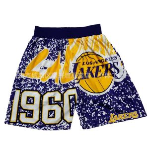 American Lakers Mitchell Nessmn 팀 로고 블루 볼 스포츠 반바지 농구 바지 남성