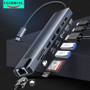 Hubs 8 в 1 USB C HUB Dock Station Adapter Splitter Adapter с PD Зарядом RJ45 Ethernet 4K HDMICAMATIBLE TF/SD CARD для MacBook Air