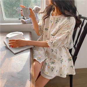 Frauen Nachtwäsche Weirdo Bubble Baumwolltuch Pyjama Frauen Sommer Spitze Blumen süße Kurzarm Shorts Leinen Set Homewear Girls