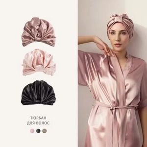 100 Mulberry Silk Hårhuven Cap för kvinnor 19 Momme Natural Pure Silk Turban For Sleeping Hat Double Layer Silk Curly Head Wrap 240416