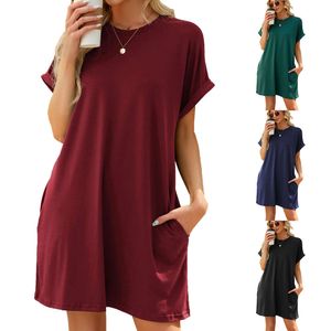 Women Casual Midi Knee Length 2024 Spring And Summer New Fashion Solid Color Round Neck Pocket Loose Short Sleeve T-shirt Lignt And Soft Dresses