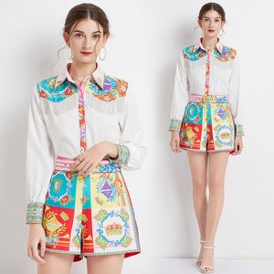 Runway 2pcs Women Ladies Sets Outfits Vintage Floral Print Collar Long Sleeve Top Shirt Blouse Shorts Tracksuits Spring Summer Fall Holiday Wholesale Dropshipping