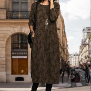 Lässige Kleider Frauen Frühling Herbst Midi Kleid O-Neck Langarmtaschen Design Drucken locker fit elegante Streetwear