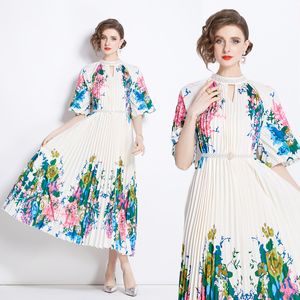 Summer Flowers Print Beading Womens Midi Long Pleated Dresses Stand Mock Neck Belt Half Sleeve Ladies Casual Party Beach Vacation Holiday Wholesale Dropshipping