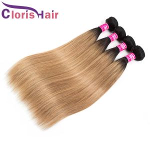 Wefts valda blondin färgade malaysiska jungfruliga mänskliga hårväv buntar blandade 3 st mörka rötter 1b 27 silkeslen rak honung blond ombre ex