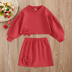 Clothing Sets 2PCS Kid Baby Girls Fall Winter Clothes Long Puff Sleeve Side Bow Sweatshirt Tops Split Skirt Toddlers Spring Outfits 3-7T