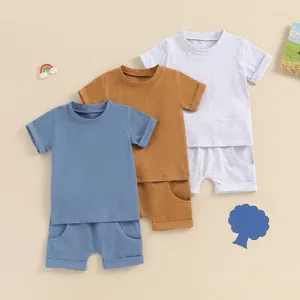 Kläduppsättningar småbarn barn baby pojkar sommarkläder fast rullad hem kort ärm t-shirts toppar elastiska midjeshorts 2 st avslappnade kläder