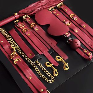 Sex -Set Leder -Zurückhaltung: 6PCS BDSM Bondage Sex Toys Set mit BDSM -Peitsche verstellbare Handschellen Knöchelmanschetten SM Adult Leder Bondage Kit, Anfänger Sex