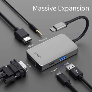 Hubs WIWU 5 in 1 USB Hub Multi Ports VGA Adapter for MacBook Pro Type C Hub 3.5mm Audio USB Splitter for Samsung Huawei USB Hub