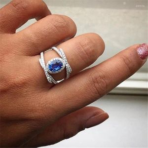 With Side Stones BUY Fashion Blue Crystal Ring For Women 2024 Trendy Silver Color Zirconia Wedding Engagement Bijoux Dropship