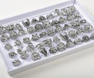 Whole 50pcsLots Vintage Punk Animal Mix Owl Tiger Dragon Eagle Etc Style Antique Silver Personality Jewelry Rings For Men Wom9396324