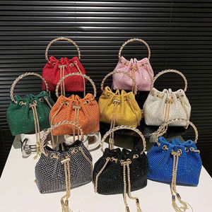 Candy Color Diamonds Bucket Bag Round Handle Handbags Drawstring Shoulder Crossbody Bags for Women 2023 Rhinestone Evening Bag